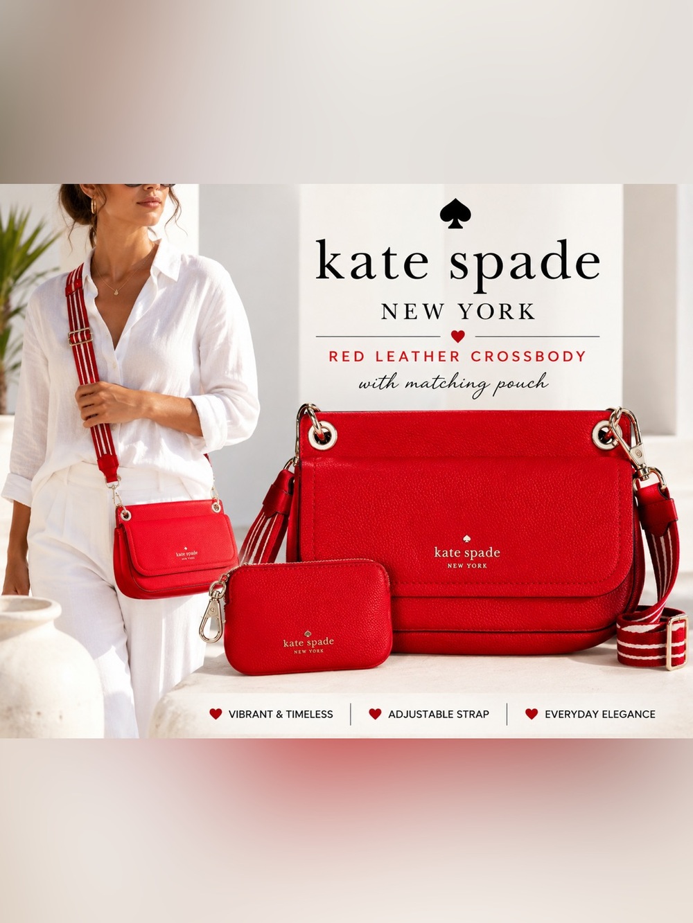 Kate Spade Bright Red Pebbled Leather Shoulder Bag Crossbody w/ Coin Pouch